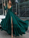 sexy v-neck prom dress long sleeve high slit evening dress dark green prom gowns, TYP0422
