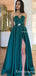 New Arrival Charming Satin Long Belt Strapless High Slit Green A Line Cheap Formal Evening Prom Dresses, PDS0048