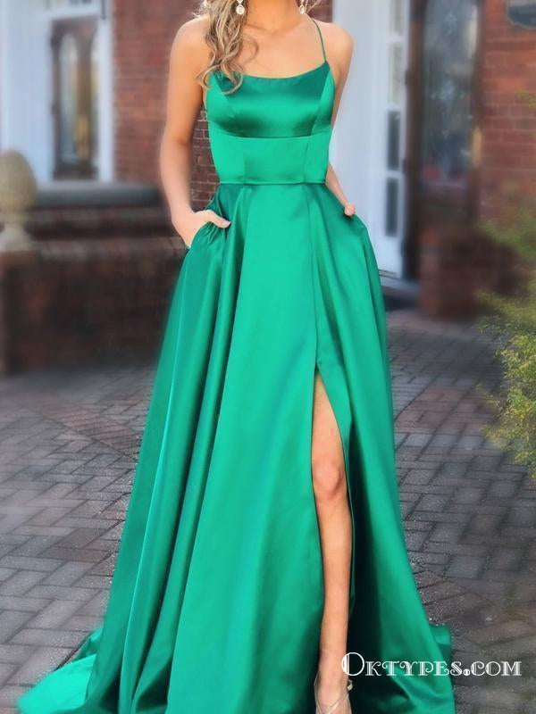Green Prom Dresses with Pocket Long Backless Slit Formal Evening Ball Gowns, TYP1225