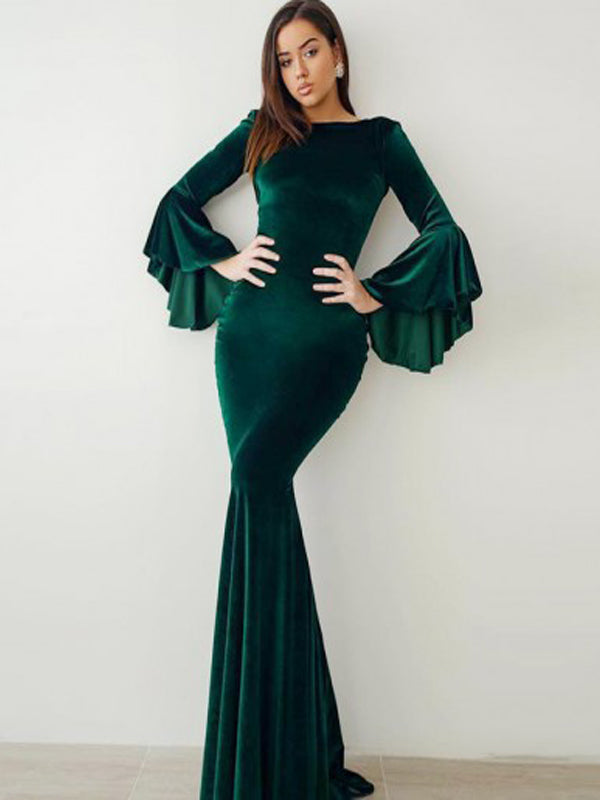 Mermaid Bateau Flare Sleeves Long Cheap Green Velvet Prom Dresses