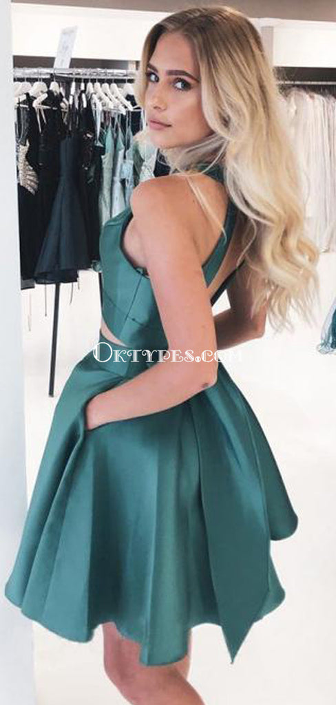 Simple Round Neck Green Satin A-line Cheap Short Homecoming Dresses, HDS0039