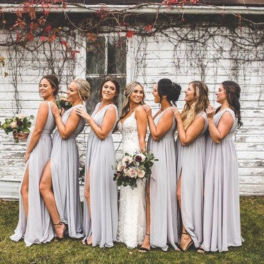 light grey bridesmaid dresses long A-line Grey Chiffon Long Sleeves Appliques Long Custom Bridesmaid Dres MarryLover