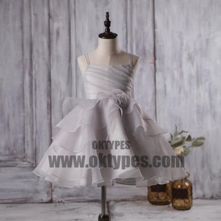 Cute Light Grey Organza Bustled Flower Little Girl Dresses, Cheap Flower Girl Dresses, TYP0624