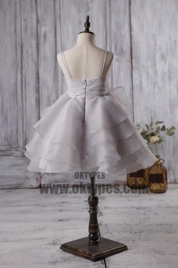 Cute Light Grey Organza Bustled Flower Little Girl Dresses, Cheap Flower Girl Dresses, TYP0624