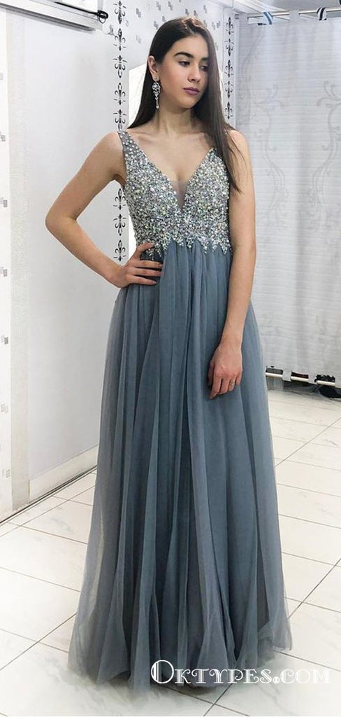 Sparkly V-neck Grey Tulle Long Cheap Prom Dresses With Beaded, TYP1632