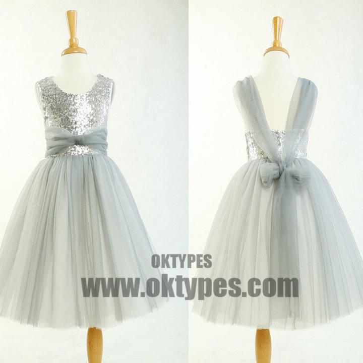 Round Neck Silver Sequin Tulle Pretty Little Girl Dresses For Wedding Party, Flower Girl Dresses, TYP0525