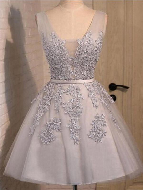 Off shoulder Grey lace Cute Tulle Homecoming Prom Dresses Online, TYP1143