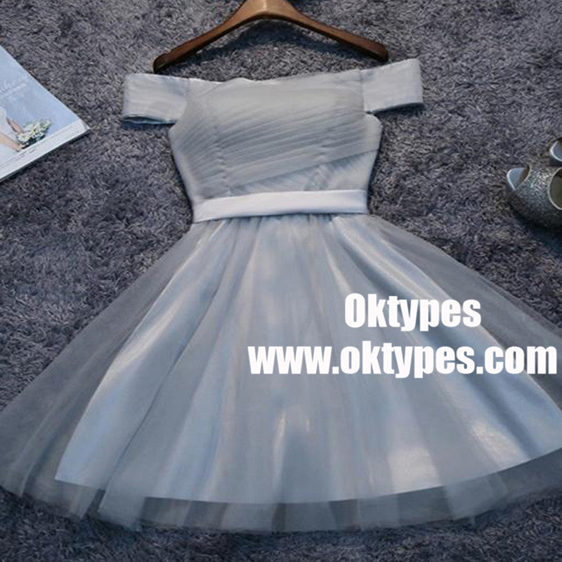 Off Shoulder Grey Tulle Short Cheap Homecoming Dresses 2018, TYP0885