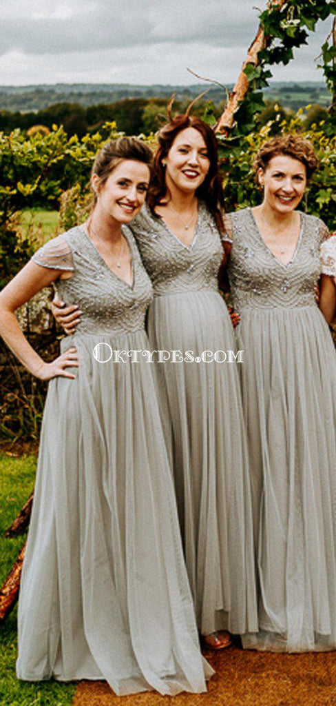 New Arrival V-neck Cap Sleeve Grey Tulle Beaded A-line Long Cheap Bridesmaid Dresses, BDS0063