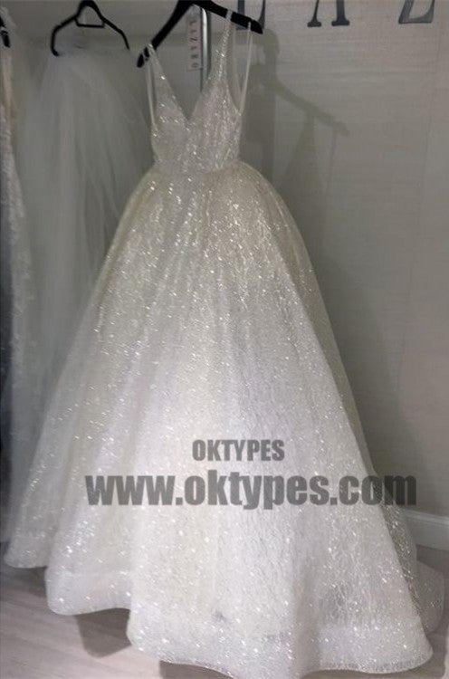 Sequins V-Neck Ivory Backless A-Line Sleeveless Elegant Plus Size Prom Dresses, TYP0462