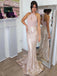 Mermaid Halter Sleeveless Sweep Train Blush Lace&Sequin Prom Dresses, TYP1251