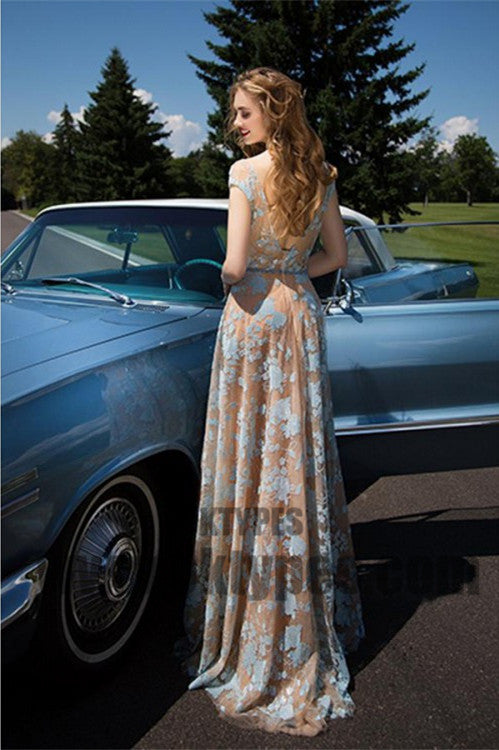 Charming Cap Sleeve Blue Lace Open Back A-Line Tulle Scoop Floor-Length Prom Dresses, TYP0463