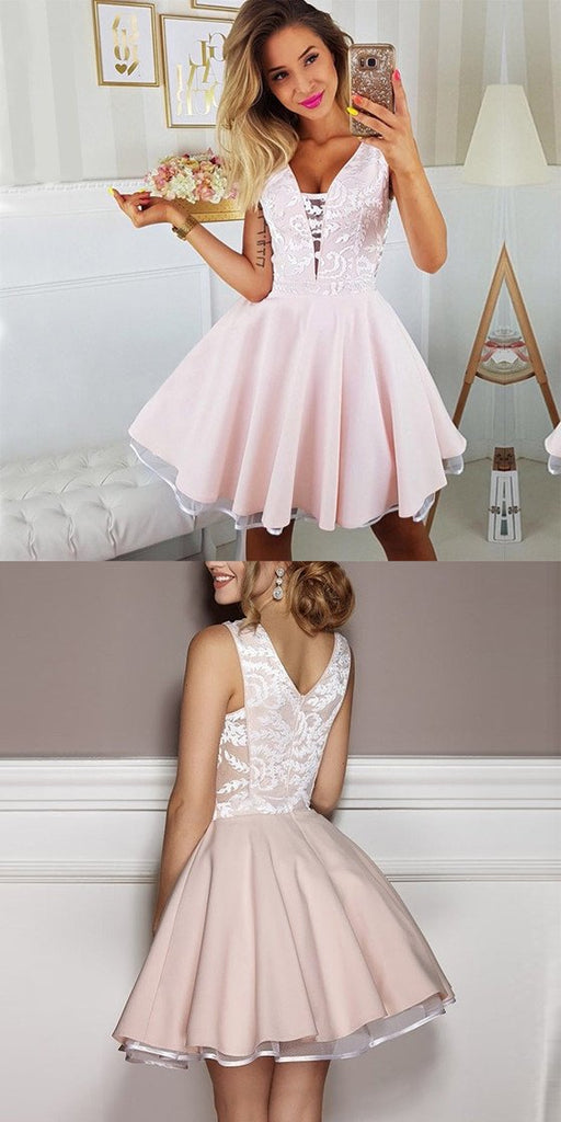 Pink Deep V-neck Sexy Appliques Short Junior Homecoming Dresses Online, TYP1106