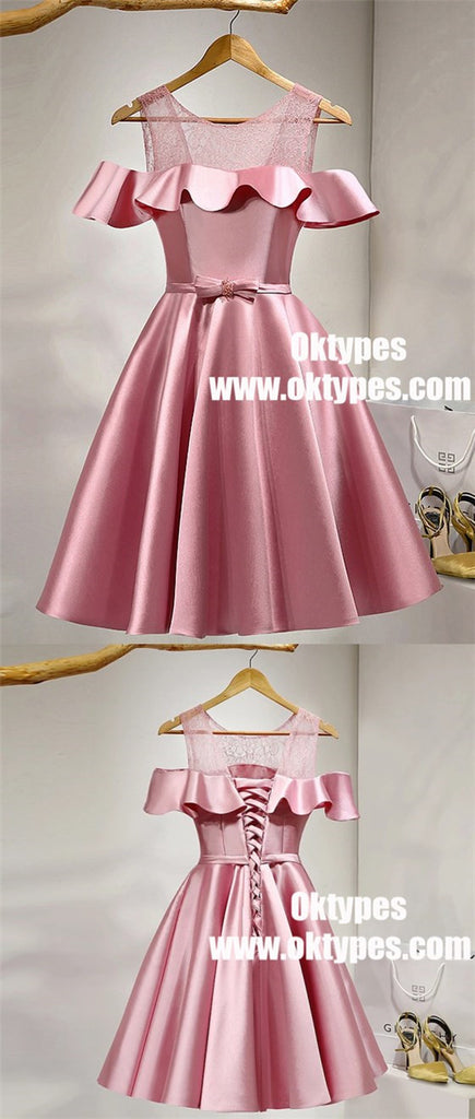 Pink Off Shoulder Satin Girls Cocktail Homecoming Dresses, TYP0962
