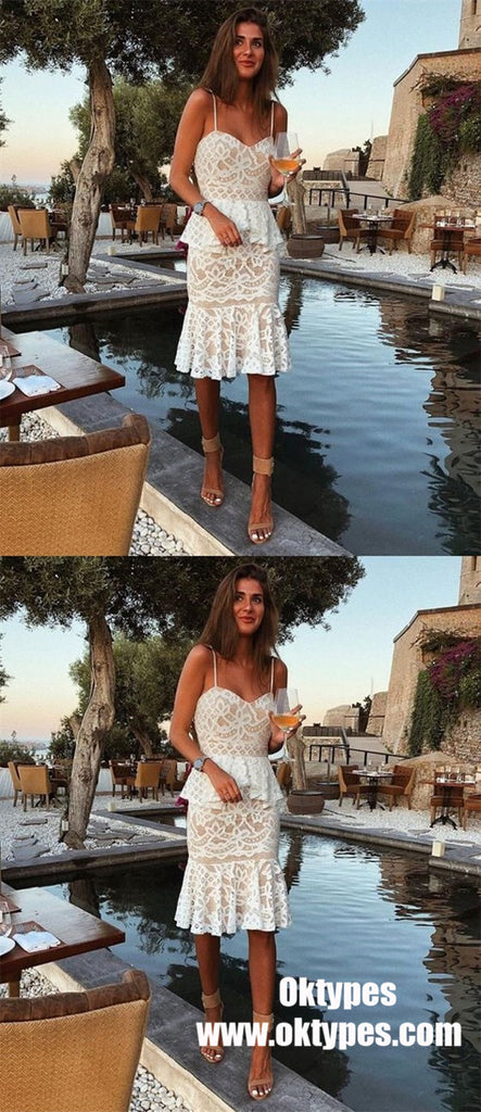 Spaghetti Straps White Lace Cocktail Short Cheap Homecoming Party Dresses, TYP0982
