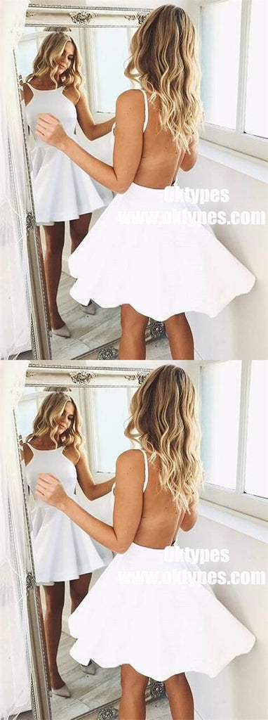 A-Line Round Neck Backless White Satin Short Homecoming Dresses, TYP0882