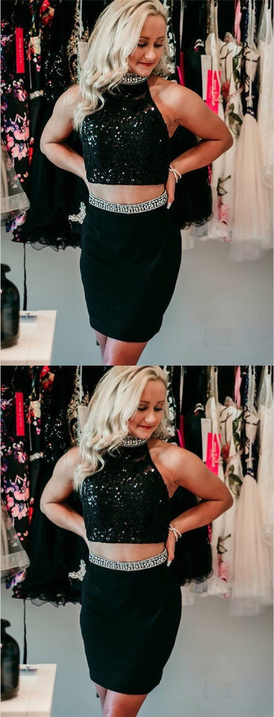 Two Piece Tight Jewel Black Satin Homecoming Dresses with Beading, TYP1086