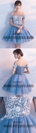 Cheap Blue Off Shoulder Lace Cute Homecoming Dresses, Homecoming Dresses, TYP0612
