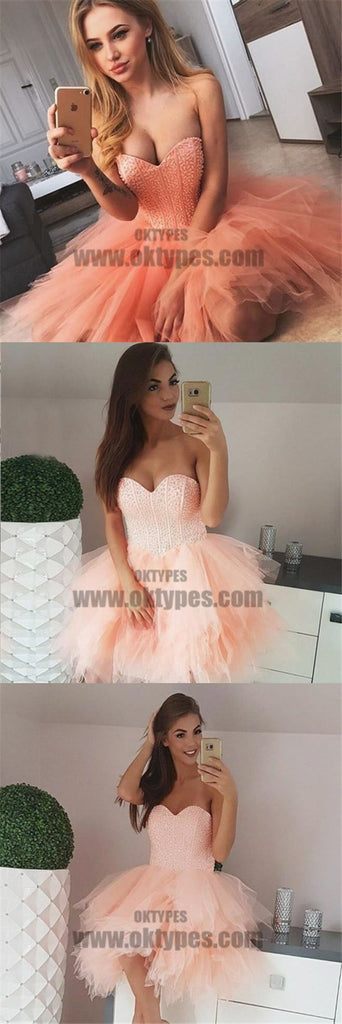 A-Line Sweetheart Short Coral Homecoming Dress with Beading, Pink Homecoming Dresses, TYP0712