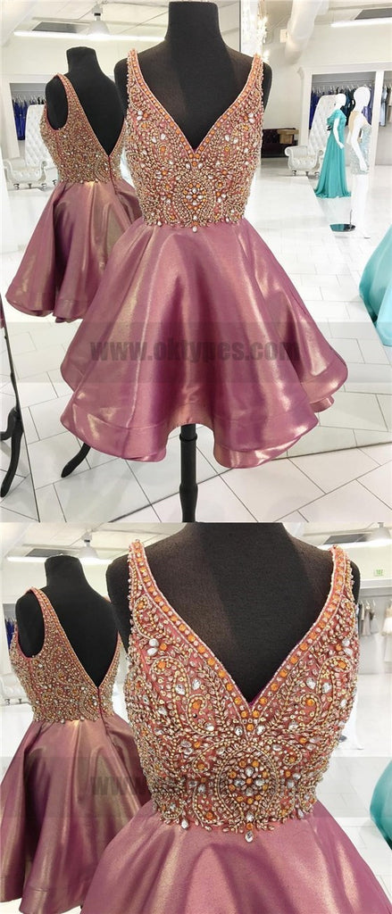 Backless V Neck Heavily Beaded Dusty Pink Homecoming Dresses, TYP0823