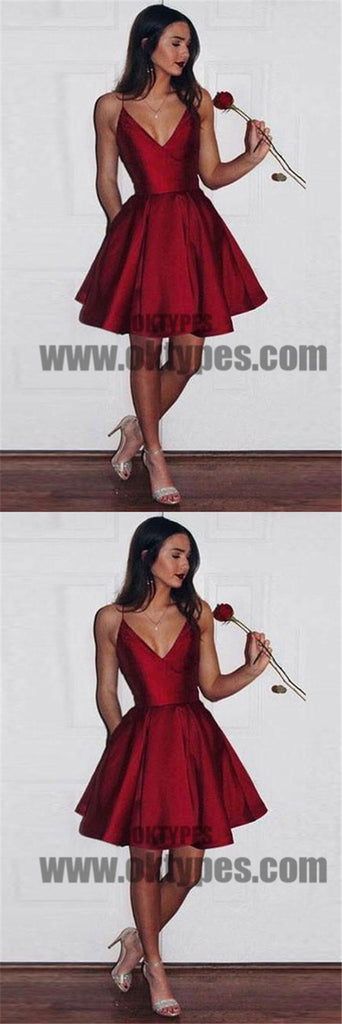 Simple Spaghetti Red Satin Short Prom Dresses, Homecoming Dresses, V-neck Prom Dresses, TYP0656