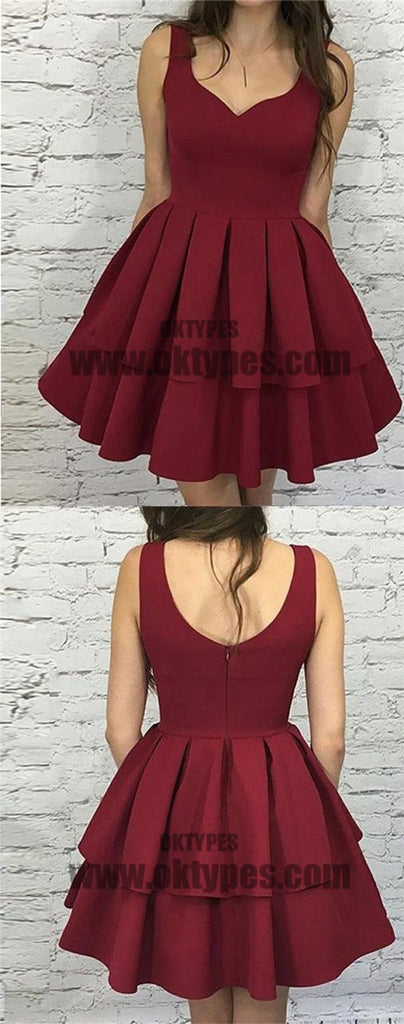 Simple Dark Red V Neck Cheap Homecoming Dresses 2018, TYP0659