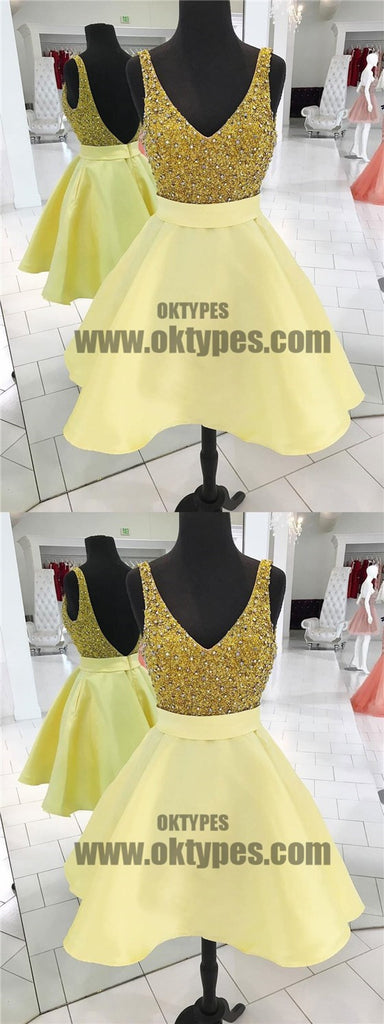 V Neck Yellow Beaded Backless Cheap Cute Simple Homecoming Dresses 2018, TYP0660