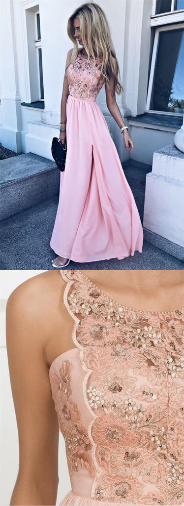 Pretty Round Neck Pink Chiffon Long Homecoming Prom Dresses with Appliques, TYP1062