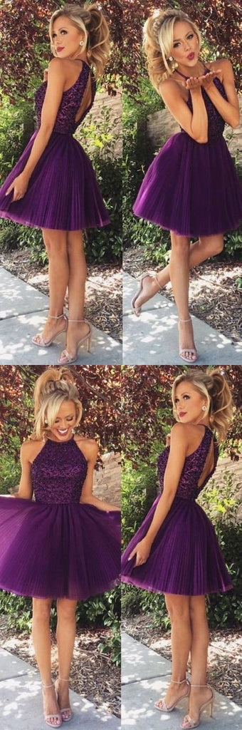 Purple Sexy Open back Halter Beaded Homecoming Prom Dresses Online, TYP1141