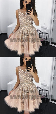 A-Line Round Neck Short Blush Homecoming Dresses with Beading, Homecoming Dresses, TYP0711