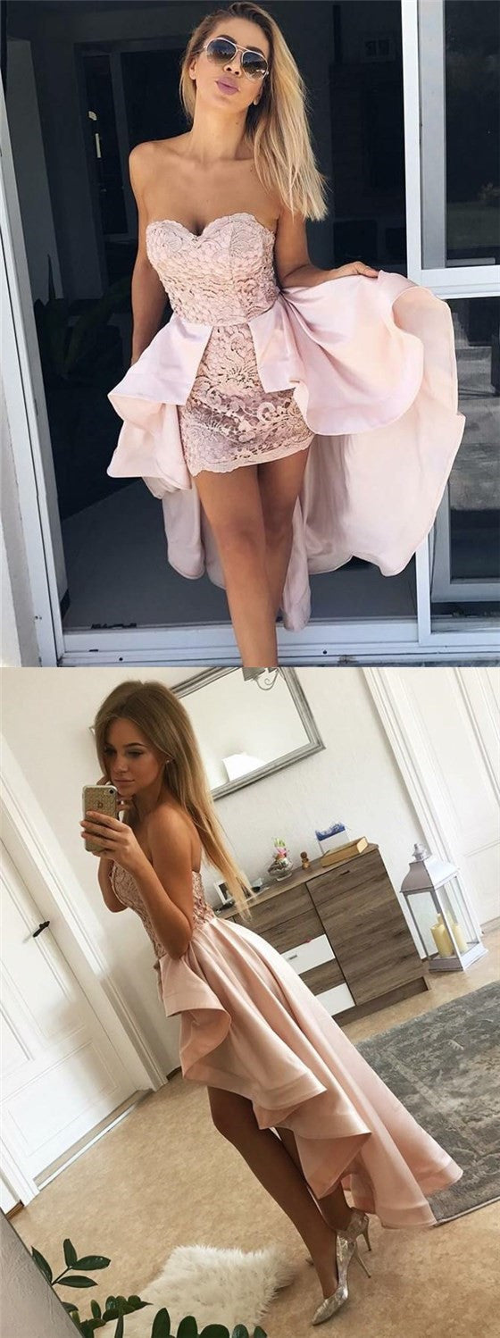 Tight Sweetheart Pink Lace Homecoming Dresses with Detachable Train, T Oktypes Tight Sweetheart Pink Lace Homecoming Dresses with Detachable Train, T Oktypes