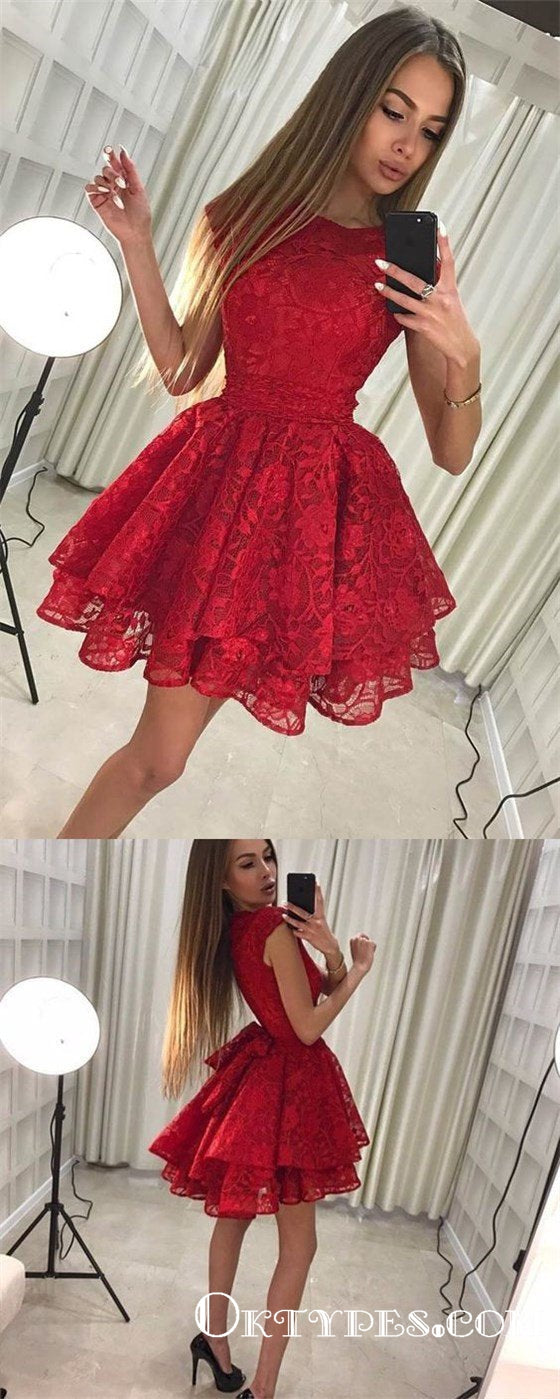 Pretty Round Neck Short Cheap Red Lace Homecoming Party Dresses, TYP10 Oktypes Pretty Round Neck Short Cheap Red Lace Homecoming Party Dresses, TYP10 Oktypes