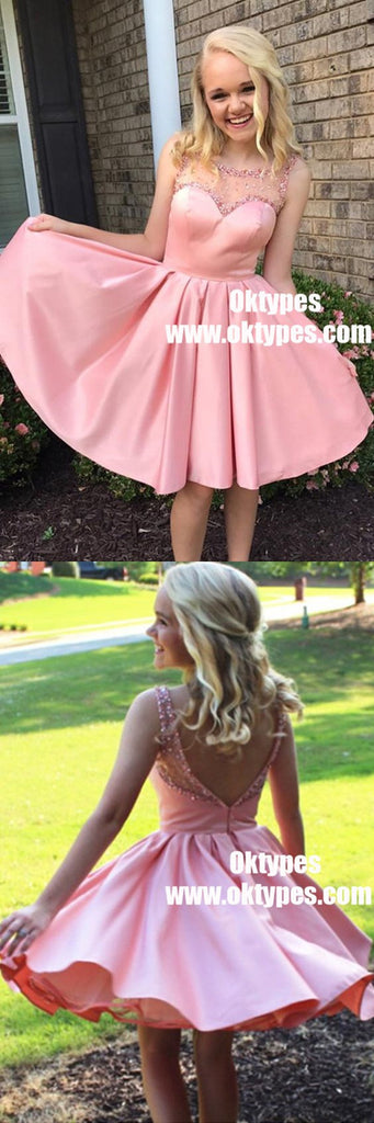 A-Line Round Neck Pleats Pink Satin Homecoming Dress with Beading, TYP0861
