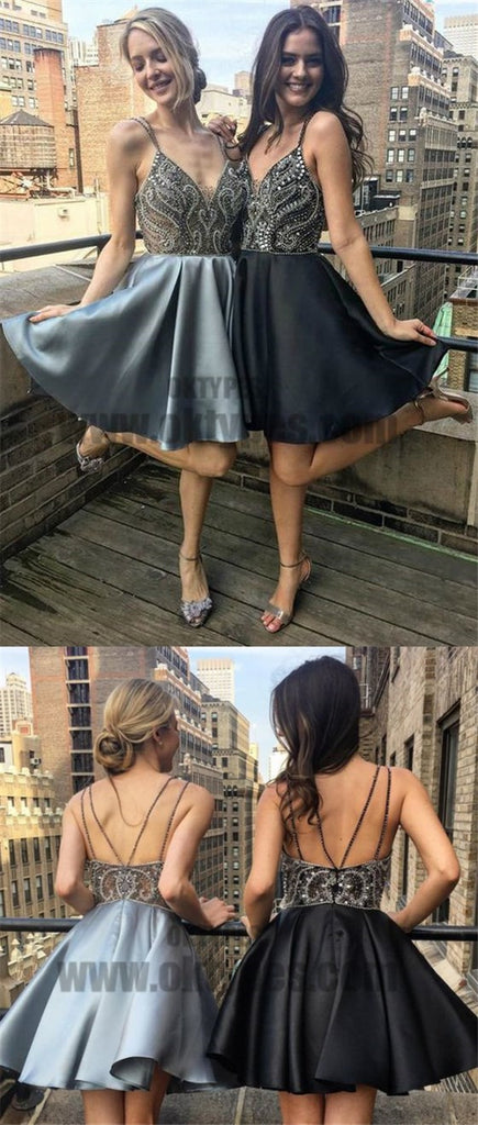 A-Line Spaghetti Straps Short Grey Homecoming Dresses with Beading, TYP0715
