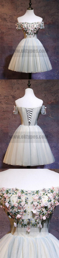 Custom Made White Off-Shoulder Floral Applique Tulle A-line Formal Evening Dress, Homecoming Dresses, TYP0782