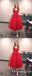 A Line V Neck Knee Length Lace Red  Formal Homecoming Dresses, TYP1967