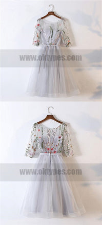 Grey Short Sleeve Appliques Cute A-line Zipper Homecoming Dresses, TYP0765