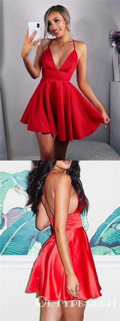 A Line V Neck Backless Red Satin Short Cute Homecoming Dresses, TYP1964