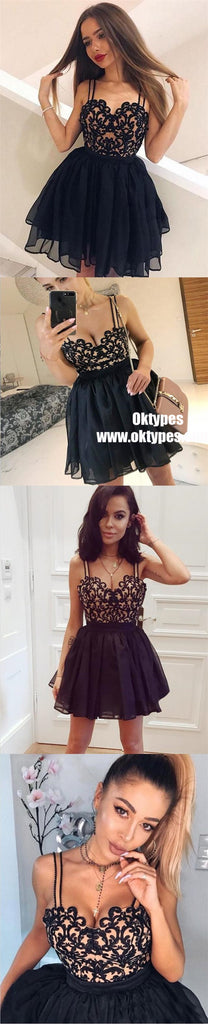Spaghetti Straps Black Chiffon Homecoming Dress with Appliques, TYP0985