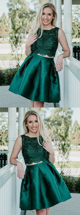 Two Pieces Beading Sleeveless Green Lace Appliques Short Homecoming Dresses, TYP1110