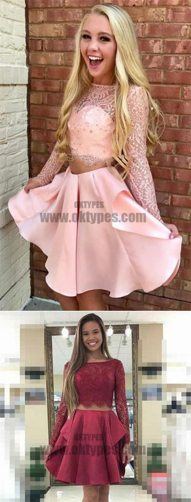 Two Piece Bateau Long Sleeves Pink Satin Homecoming Dress with Lace, TYP0713