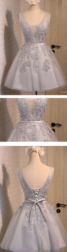 Off shoulder Grey lace Cute Tulle Homecoming Prom Dresses Online, TYP1143