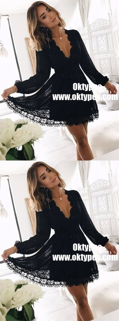 A-Line V-Neck Long Sleeves Little Black Lace Homecoming Dresses, TYP0901