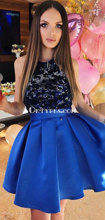 A-Line Sequined Royal Blue Satin Homecoming Dresses Online, TYP1185