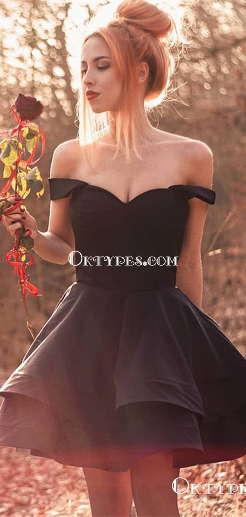 Cute Off Shoulder Layered Black Satin Short Homecoming Dresses, TYP1961
