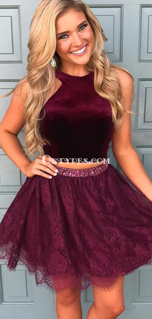 Halter Two Pieces Red Lace Cheap Homecoming Dresses Homecoming Dresses, TYP0493