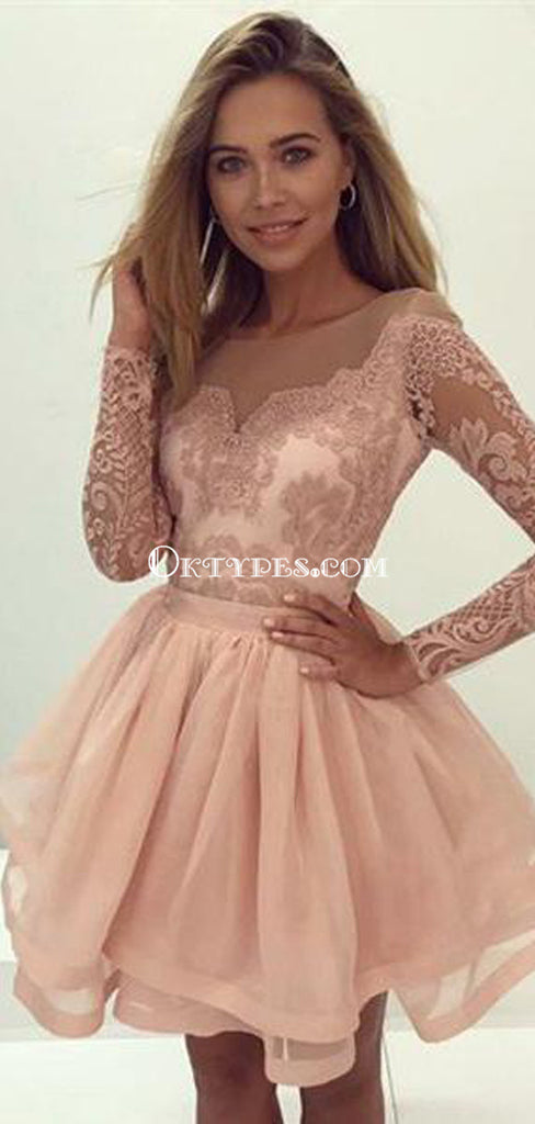 Champagne Lace Long Sleeves Illusion Short Cheap Homecoming Dresses, CM545