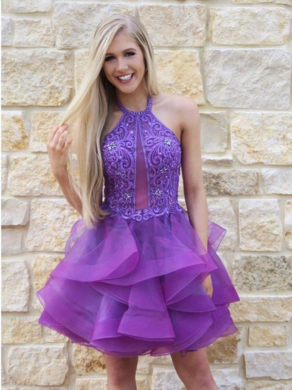 Purple Halter Organza Beaded A-line Cheap Short Homecoming Dresses, HDS0029