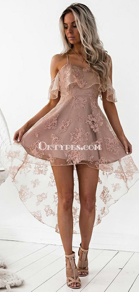 Off Shoulder High Low Dusty Pink Lace Homecoming Dresses 2018, TYP0664