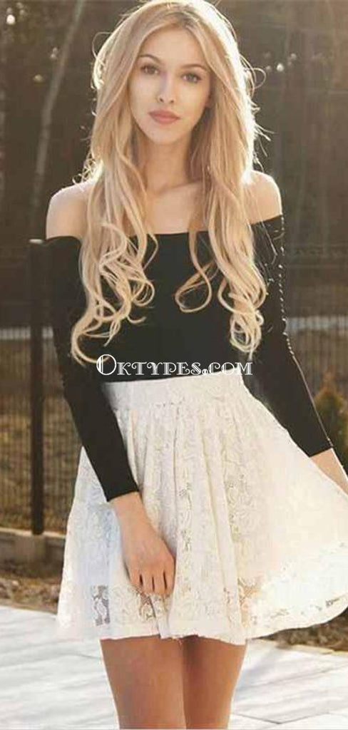 Two Piece Ivory Lace Long Sleeves Homecoming Dresses Online, TYP1183
